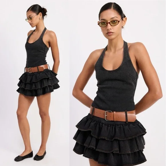 Rodeo Queen Belted Ruffled Dark Denim Mini Dress - Picture 2 of 5